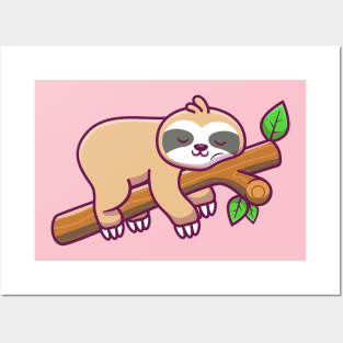 Cute Sloth Sleeping On Tree Cartoon Posters and Art